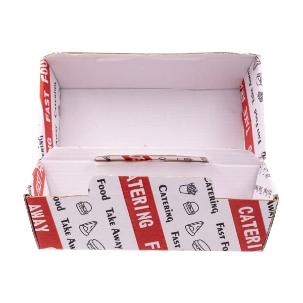 box per l'asporto di alimenti in cartoncino chiusura a conchiglia vista frontale scatola aperta