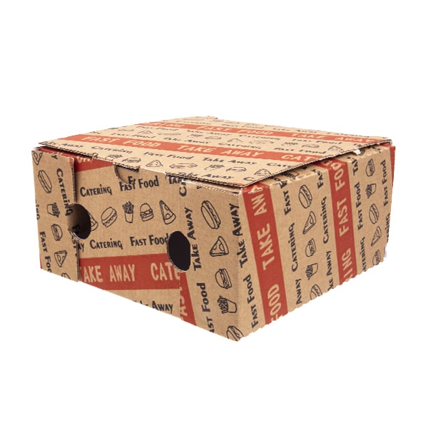 scatola quadrata in cartoncino per l'asporto di cibo vista tre quarti colore avana e rosso