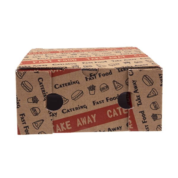 scatola asporto in cartoncino per l'asporto di cibo in cartoncino avana e rosso vista frontale chiusa