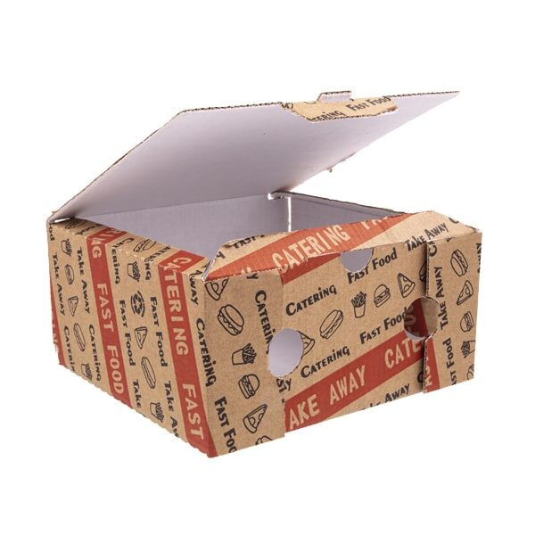 scatola quadrata in cartoncino per l'asporto di cibo colore avana e rosso vista tre quarti aperta