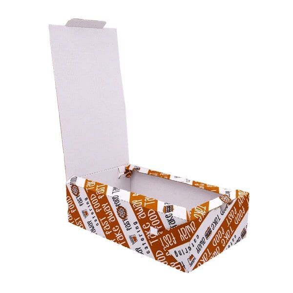 scatola panino asporto in cartoncino bianca con strisce arancioni e scritte fast food vista tre quarti aperta