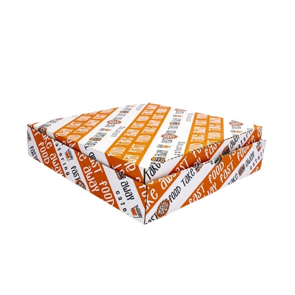 scatola cibo d'asporto in cartoncino bianca con strisce arancioni e scritte fast food vista tre quarti