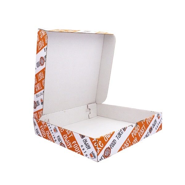 scatola cibo d'asporto in cartoncino bianca con strisce arancioni e scritte fast food vista tre quarti aperta