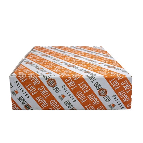 scatola cibo d'asporto in cartoncino bianca con strisce arancioni e scritte fast food