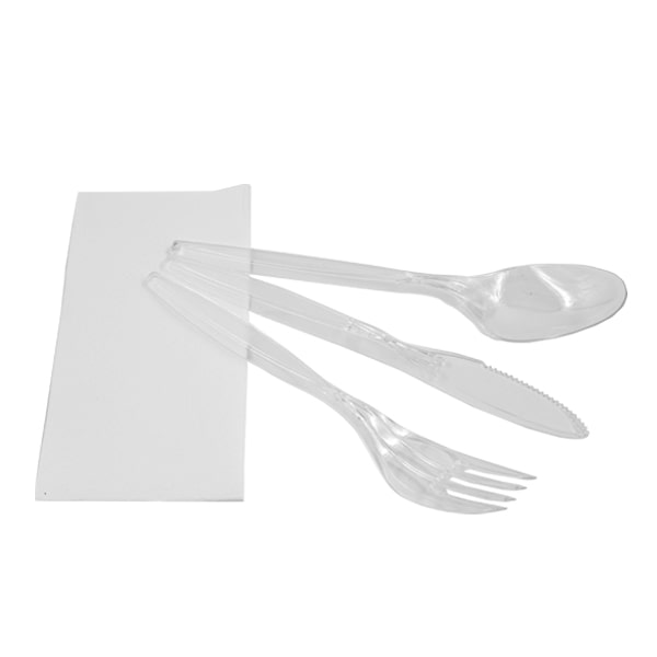 tris di posate in plastica trasparente con tovagliolo - forchetta, coltello, cucchiaio