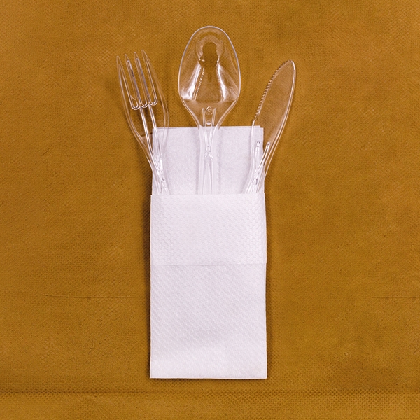 tris di posate in plastica trasparente con tovagliolo - forchetta, cucchiaio, coltello