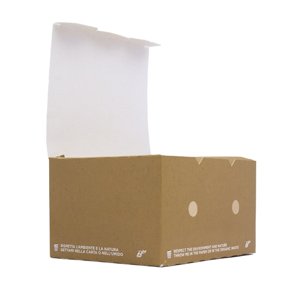 box per crocchette in cartoncino colore avana vista tre quarti aperta