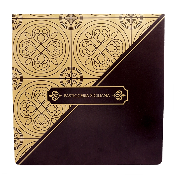 scatola porta torta in cartoncino, decoro maiolica fondo oro e marrone