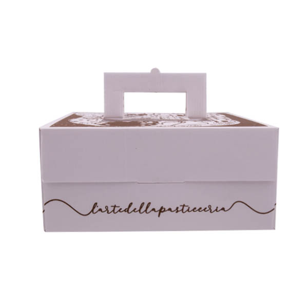 scatola porta torta quadrata in cartoncino bianco con stampa bacio di klimt vista laterale
