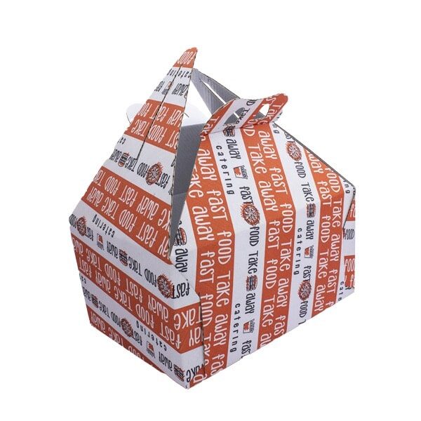 box panino rettangolare con chiusura a farfalla in cartoncino colore bianco e strisce arancio vista tre quarti aperto