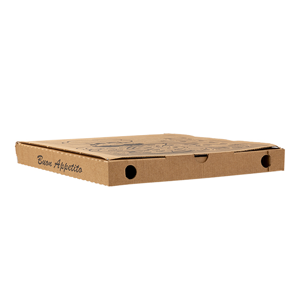 scatola pizza chiusa avana scritta buon appetito vista tre quarti