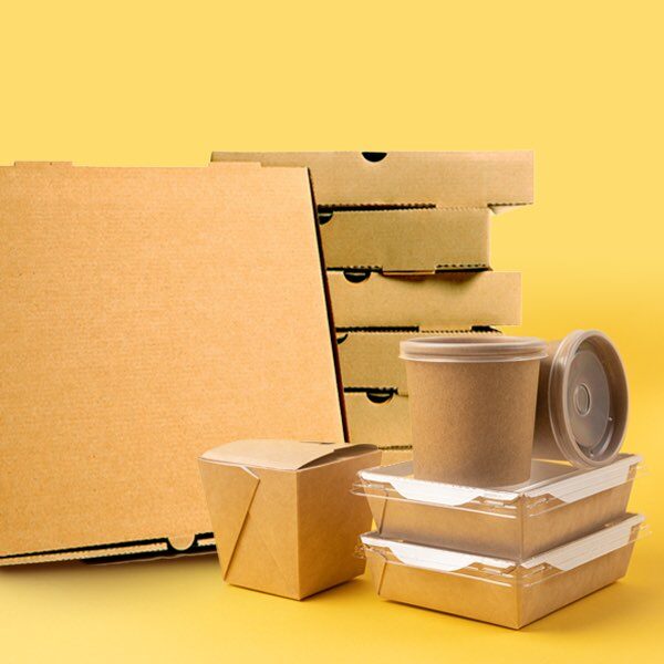 composizione di box in cartoncino colore avana per l'asporto di alimenti