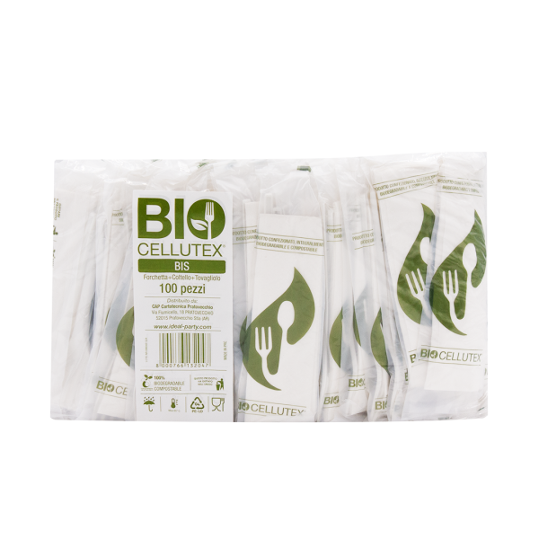 Bis posate bio CPLA bianche con tovaglioli 33x33cm bianchi 2 veli 03 B006B